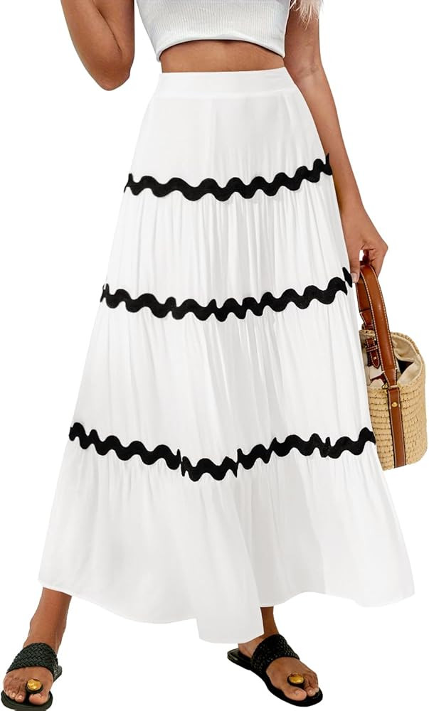 MIHOLL Women's Summer Maxi Skirt Boho Elastic High Waist A-Line Flowy Swing Casual Tiered Long Be... | Amazon (US)