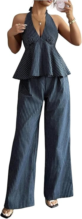 OYOANGLE Women's Two Piece Striped Outfits Backless Ruffle Halter Shirt Wide Leg Pants Business C... | Amazon (US)
