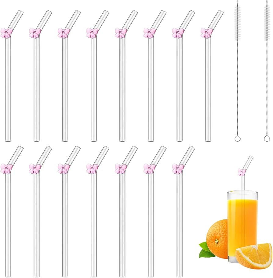 Glass Straws Drinking with Bow - 15 PCS Reusable Straws with 2 PCS Cleaning Brush, Cocktail Glass... | Amazon (UK)