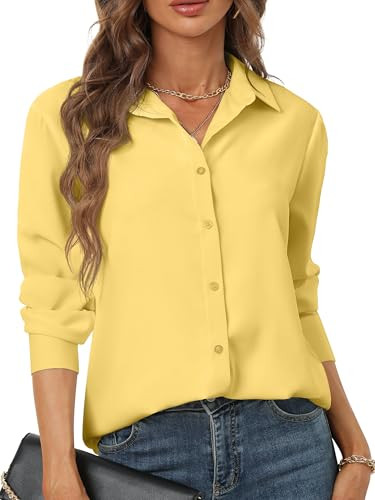Mustard Yellow Tops for Women Button Up Long Sleeve Collared Shirts Ladies Western Formal Chiffon Shirt Female Evening Wear Gorgeous Fall Clothes Dirty Yellow Size XL | Amazon (US)