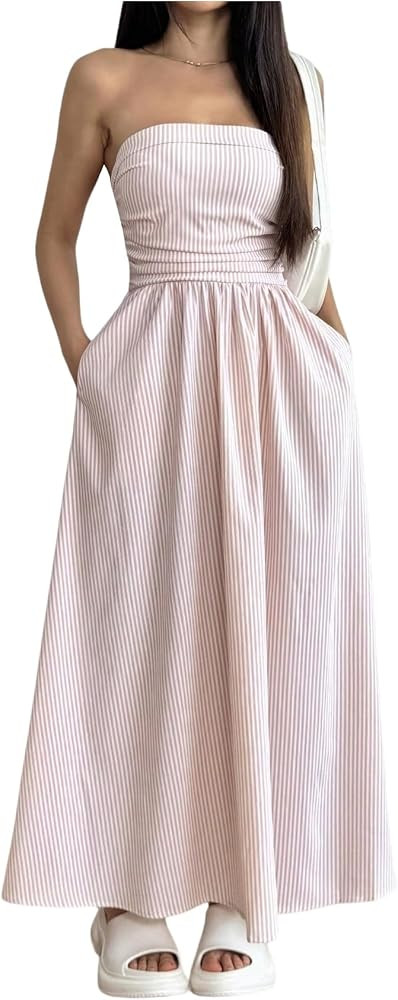 Milumia Women's Striped Strapless Maxi Dress Flared Tube Top Long Dresses with Pocket | Amazon (US)