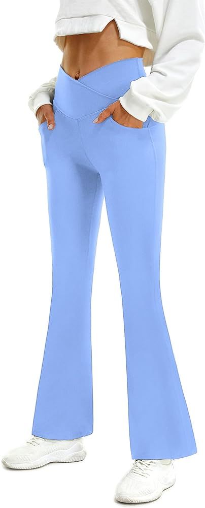 FireSwan Womens Crossover Flare Leggings with Pockets Bootcut High Waisted Yoga Pants Tummy Contr... | Amazon (US)