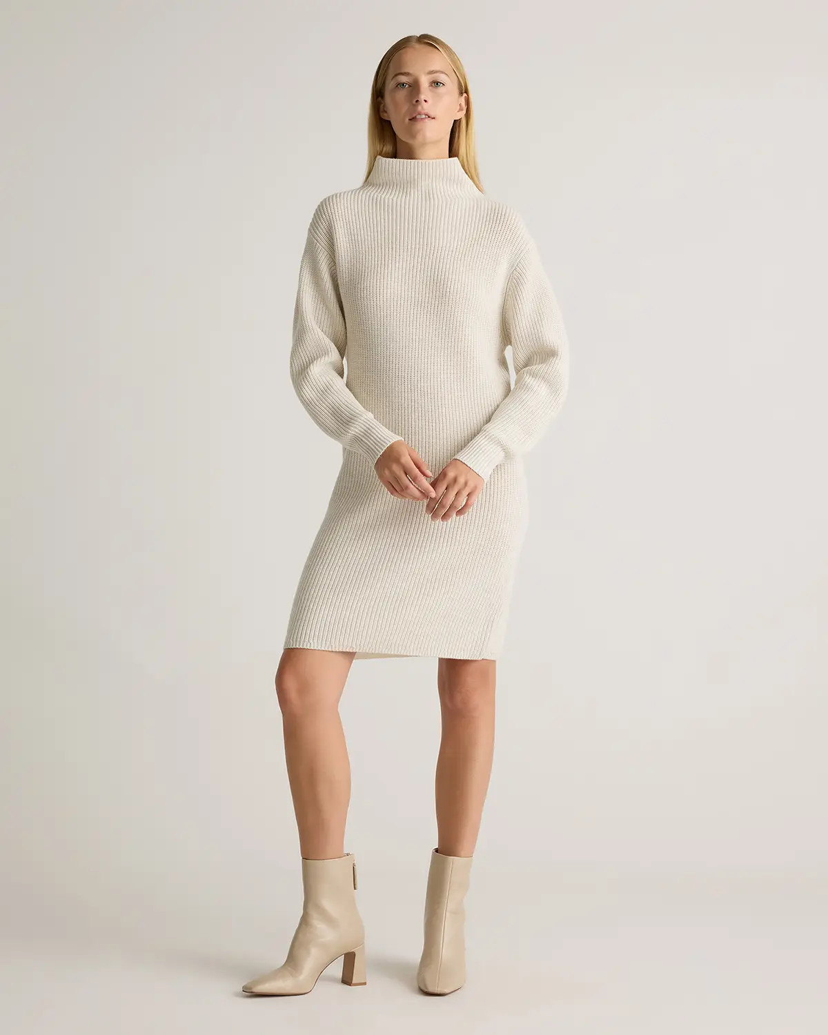 Australian Merino Wool Relaxed Turtleneck Sweater Dress in Heather Bone | Quince