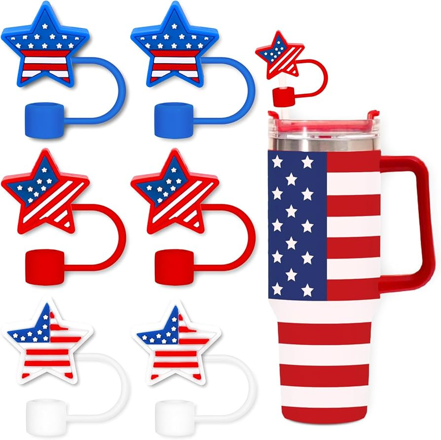 Whaline 6 Pcs Patriotic Straw Covers Caps 4th of July American Flag Star Reusable Silicone Straws... | Amazon (US)