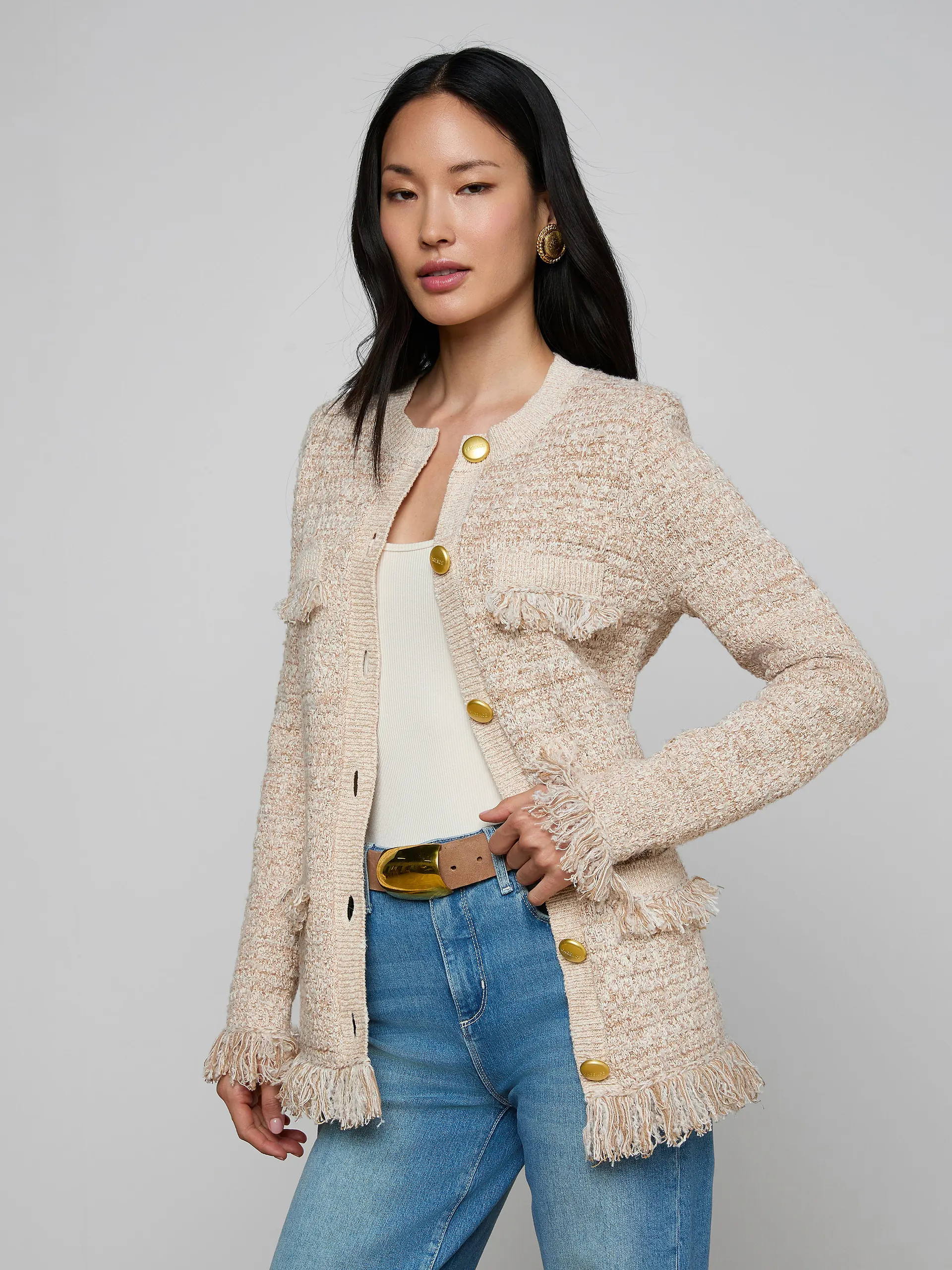 Kastoria Fringe Cardigan in Natural Multi Boucle | L'AGENCE | L'Agence