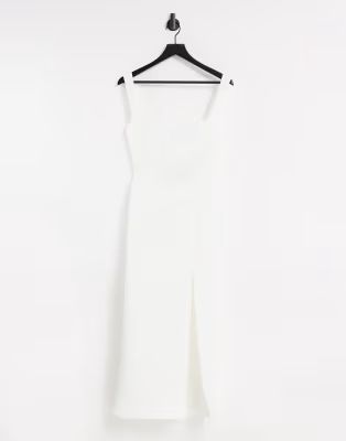 True Violet exclusive square neck body-conscious midaxi dress with thigh split in ivory | ASOS (Global)