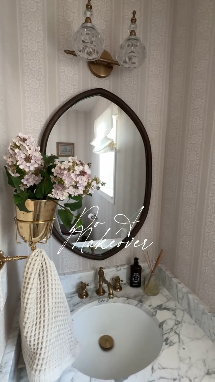 Sometimes I just need a makeover, a good before and after if you will 😉 Peel and stick wallpaper made the biggest difference in this space, proving that even the tiny rooms deserve big treatment! Follow along @ourmountainsidehome_1 if you agree!  No demo Reno, half bath, half bathroom makeover, peel and stick wallpaper, classic bathroom, neutral bathroom, 90’s home, Nancy Meyers aesthetic, Nancy Meyers inspired bathroom, collected home, cozy.  #nancymeyersinteriors #halfbath #beforeandafter #bathroommakeover #diy