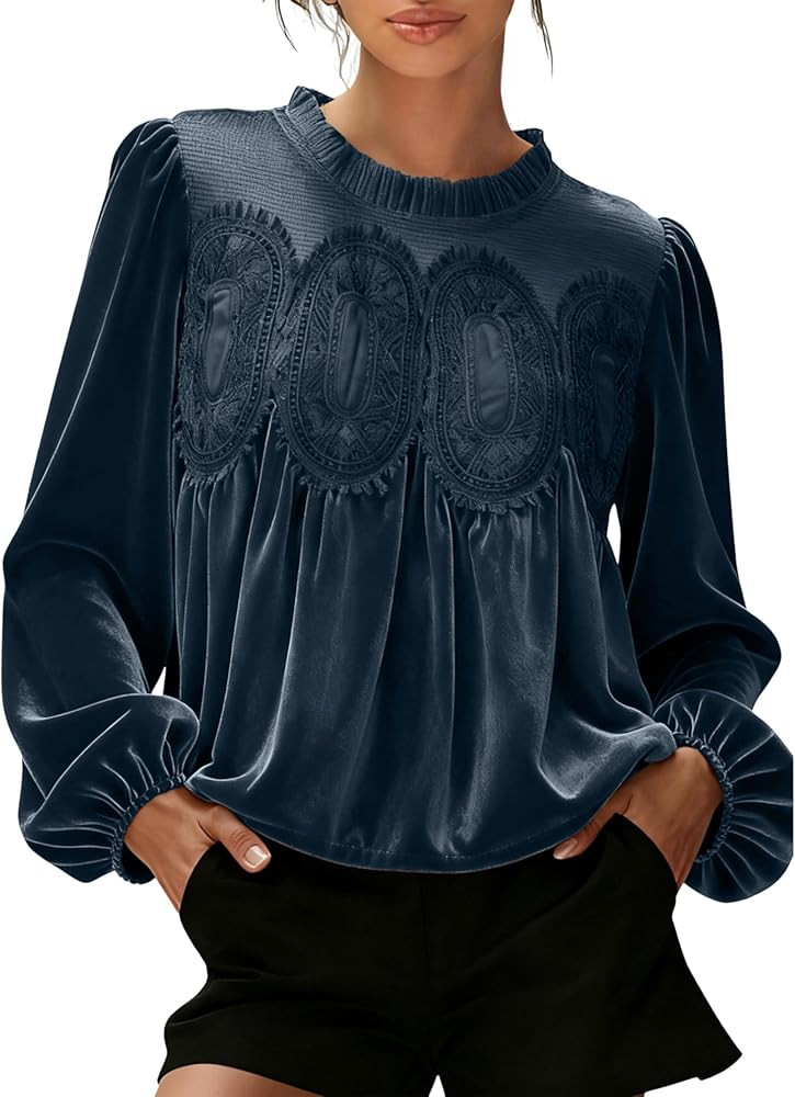 Faleave Women's Velvet Trim Lace Blouse Long Sleeve Shirt Elegant Flared Swing Top Round Neck Cas... | Amazon (US)
