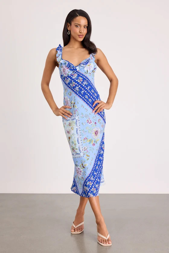 Mellie Blue Floral Scarf Print Ruffled Midi Dress | spring break outfit | spring break outfits  | Lulus
