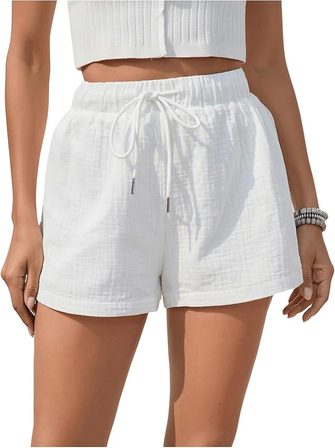 Floerns Women's Solid Drawstring High Waist Wide Leg Workout Shorts | Amazon (US)