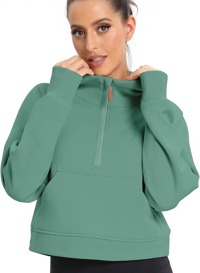 POGTMM Women's Crop Hoodies Half Zip Pullover Workout Long Sleeve Fleece Lined Hooded Sweatshirt ... | Amazon (US)