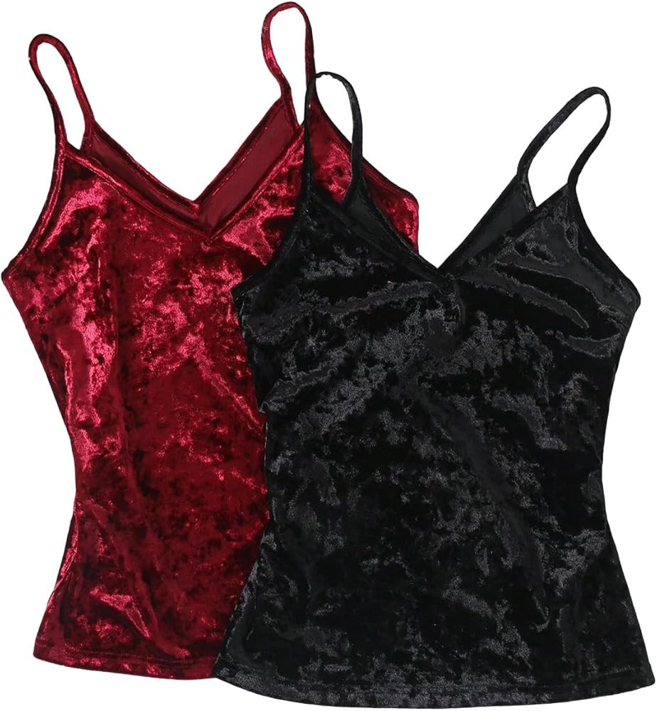 SOLY HUX Women's 2 Piece Velvet Cami Top V Neck Spaghetti Strap Solid Tops | Amazon (US)