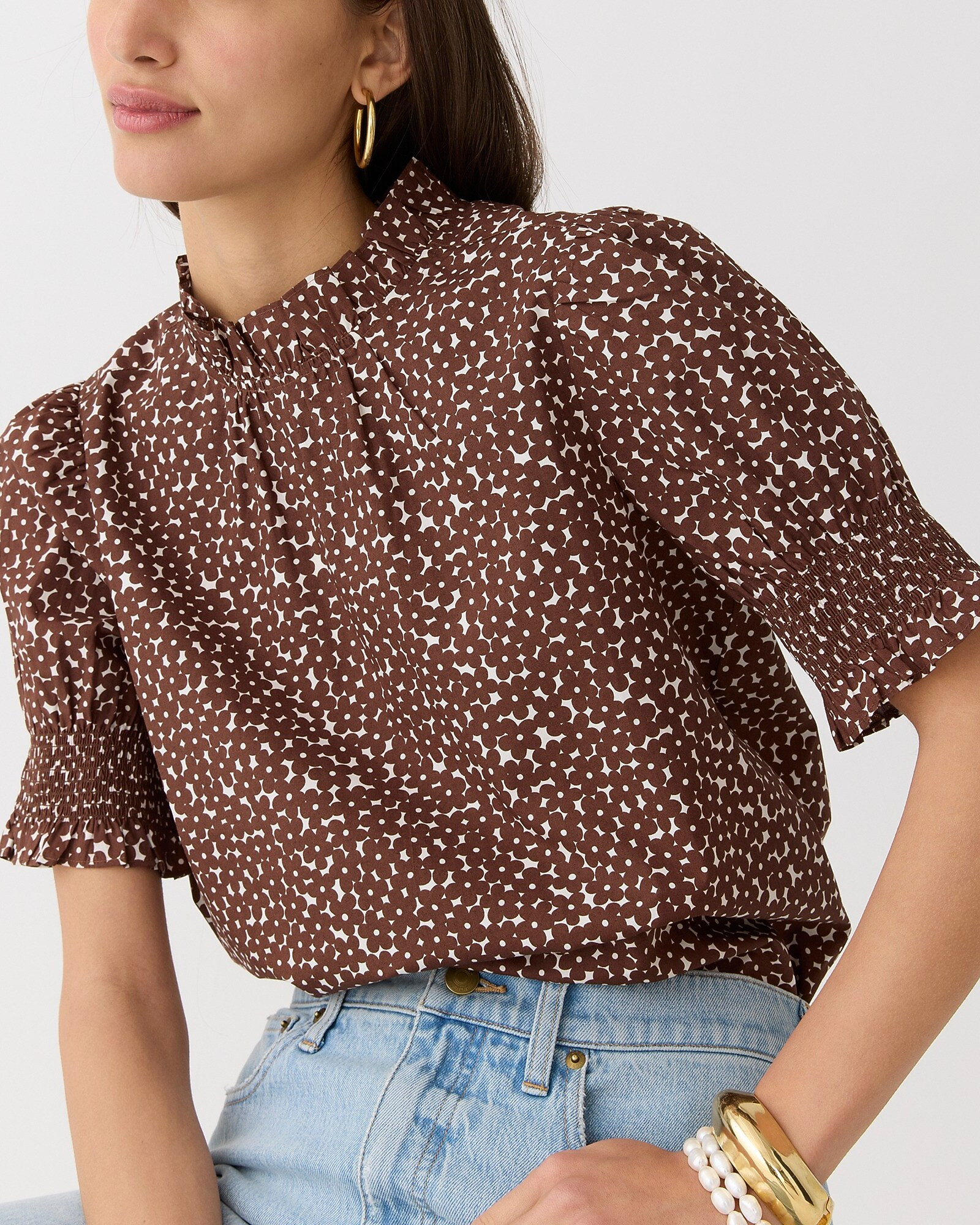 Smocked cotton poplin puff-sleeve top in mocha floral | J. Crew US