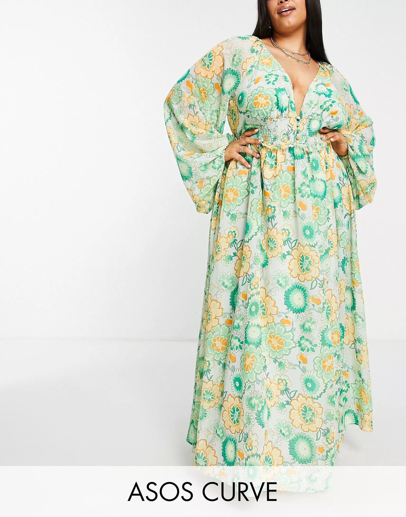 ASOS DESIGN Curve soft shirred waist open back maxi dress in green floral | ASOS (Global)