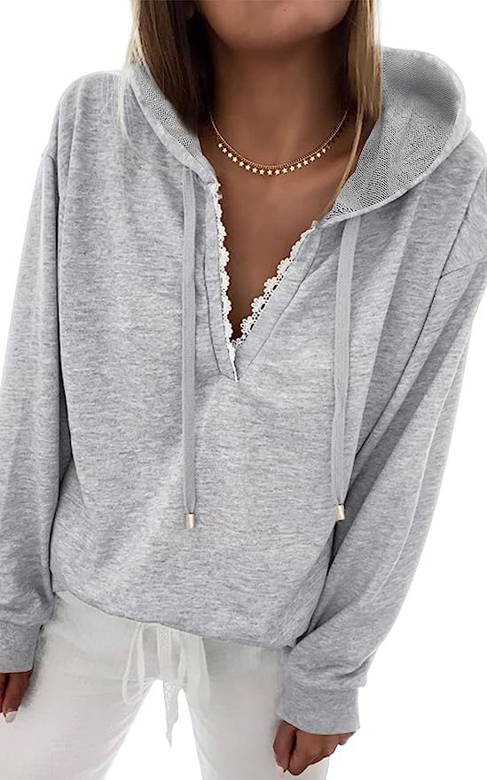PRETTYGARDEN Women Hoodies Tops Long Sleeve Casual Drawstring Lace V Neck Solid Color Pullover Sw... | Amazon (US)