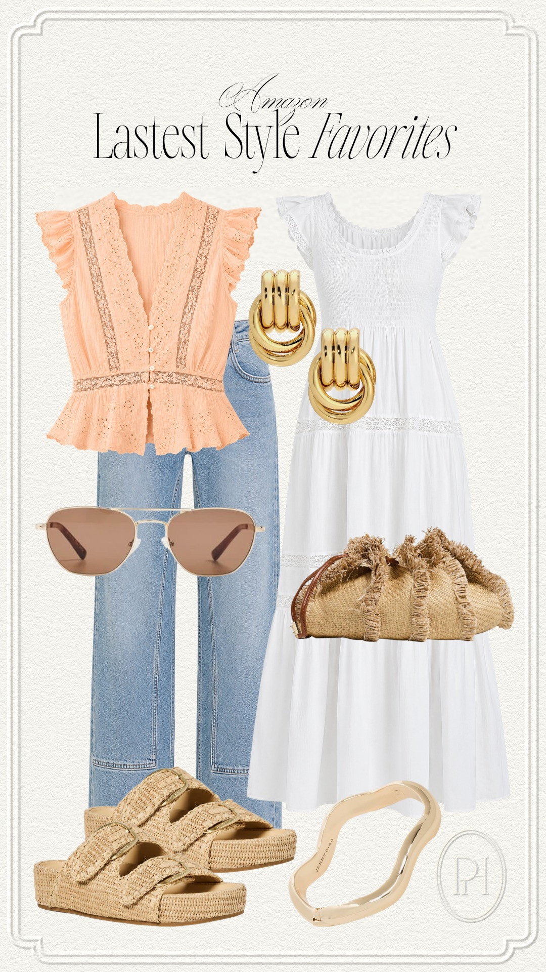 Latest style favorites from Amazon!

white dress, summer dress, summer fashion, summer style, summer looks, summer outfit, peach blouse, peachy top, pink top, peplum top, gold earrings, knot earrings, wavy bangle bracelet, raffia sandals, slides, tan sandals, woven handbag, clutch, summer handbag, straight leg jeans, medium wash denim, sunglasses 

 #LTKgrwm #LTKootd #LTKSeasonal