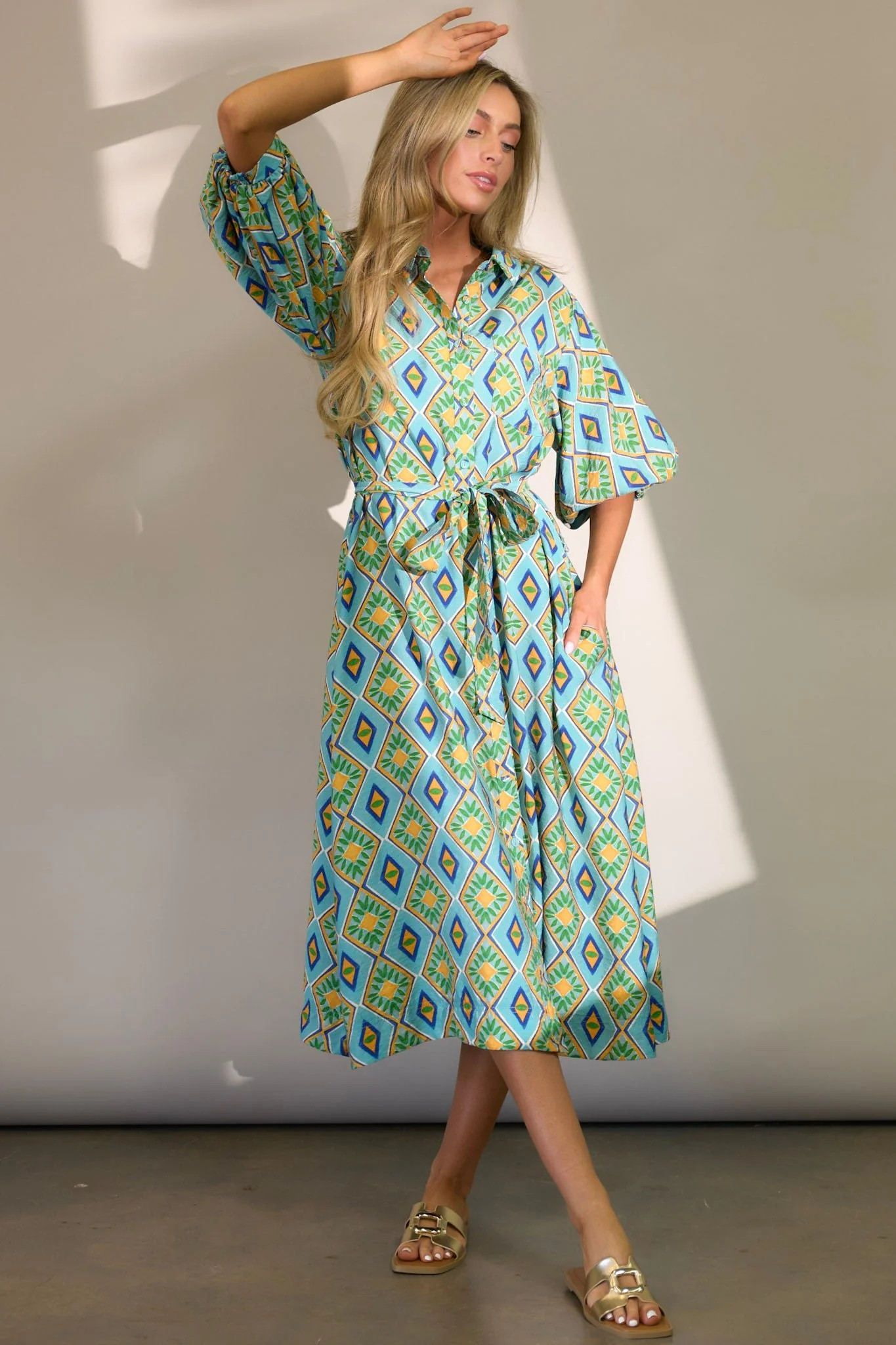 Everlasting Turquoise Multi Print Button Front Midi Dress | Red Dress