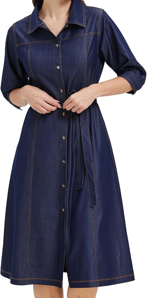 KYAL Women’s Denim Shirt Dress Short Sleeve Belted Button Down Jean Dress | Amazon (US)