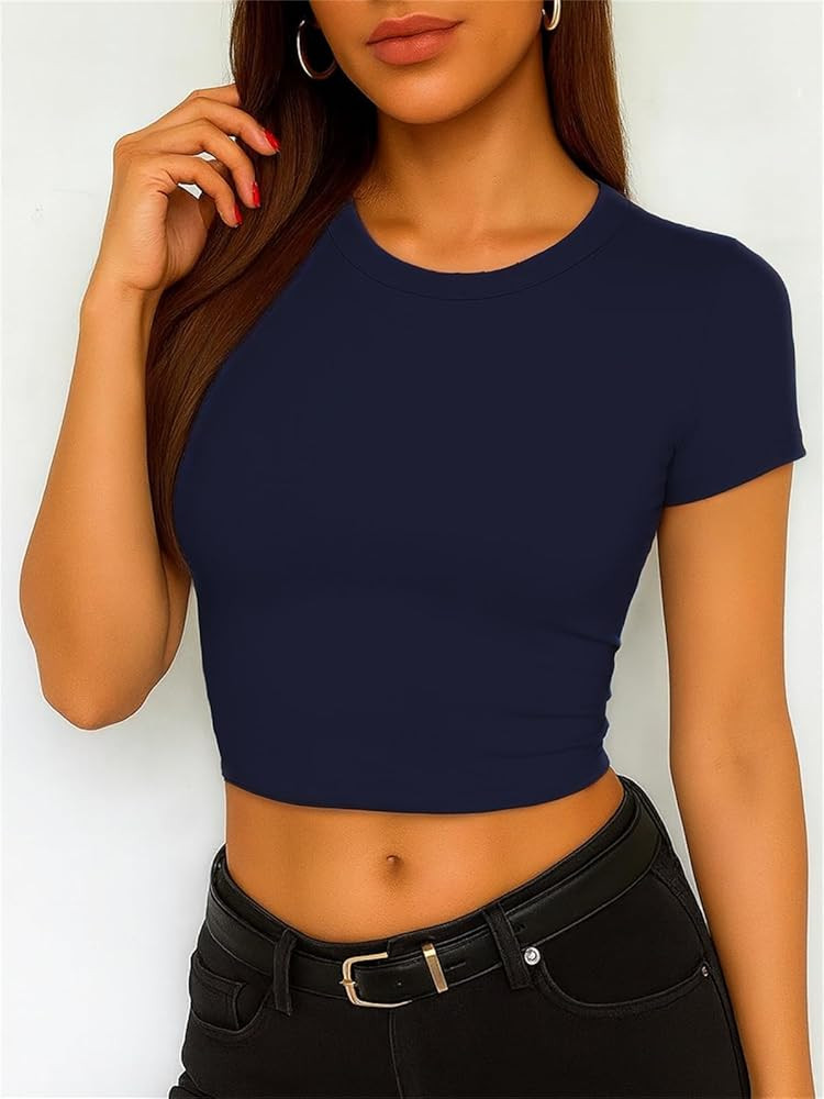 ForeFair Women's Casual Going Out Crop Tops Crew Neck Slim Fit Short Sleeve Basic Tight T Shirts | Amazon (US)