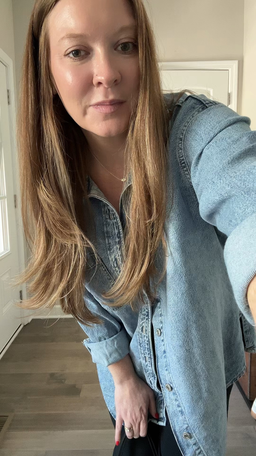 Oversized denim shirt 
Black wide leg no wrinkle pants 
Thong sandals 
Evil eye necklace 

#LTKWorkwear #LTKdayinmylife #LTKootd