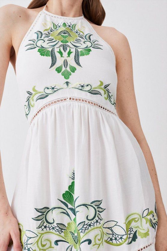 Embroidered Viscose Linen Strappy Midi Dress | Karen Millen UK + IE + DE + NL