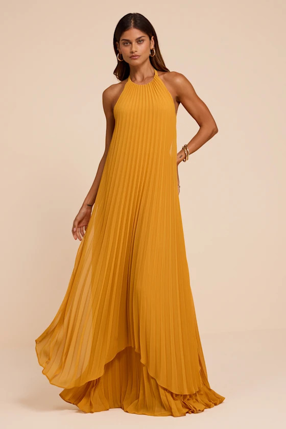 Dorala Golden Yellow Pleated Lace-Up Tiered Maxi Dress | Lulus