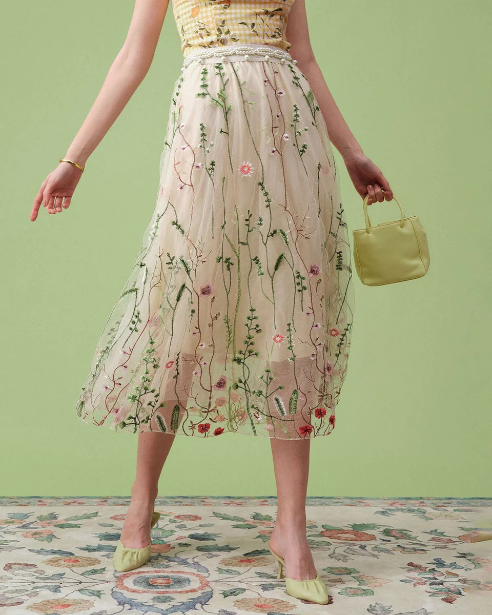 The High Waisted Floral Embroidery A-line Midi Skirt | rihoas.com