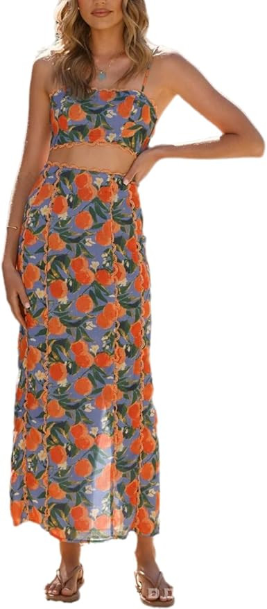 Women's Summer Holiday 2 Piece Outfit Floral Print Backless Cami Top and High Waisted Maxi Slit S... | Amazon (US)
