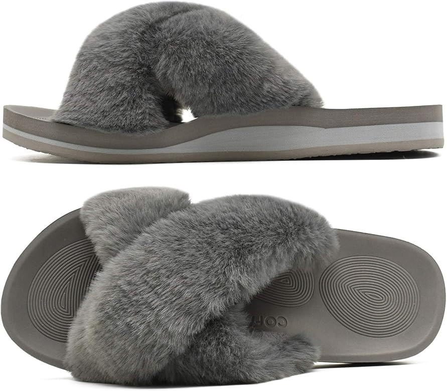 COFACE Womens Fuzzy Slides Fluffy Fax Fur Cross Slippers Open Toe Yoga Mat House Slippers Sandals... | Amazon (US)