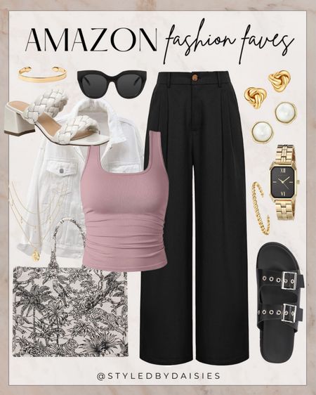 Amazon summer fashion faves! 

#amazonfashion

Amazon finds. Amazon fashion. Amazon style. Amazon summer style. Amazon black wide leg pants. Amazon basic tank top. Amazon white denim jacket. Amazon printed book tote. Designer inspired tote bag. Black platform sandals. Braided heeled sandals. Chic gold watch. Dainty pearl earrings. Designer inspired cat eye sunglasses. Gold bangle bracelets. Gold knot earrings. Casual summer style. Elevated casual summer outfit  

#LTKStyleTip #LTKFindsUnder100

Follow my shop @styledbydaisies on the @shop.LTK app to shop this post and get my exclusive app-only content!

#liketkit #LTKSeasonal
@shop.ltk
https://liketk.it/4FQ6S