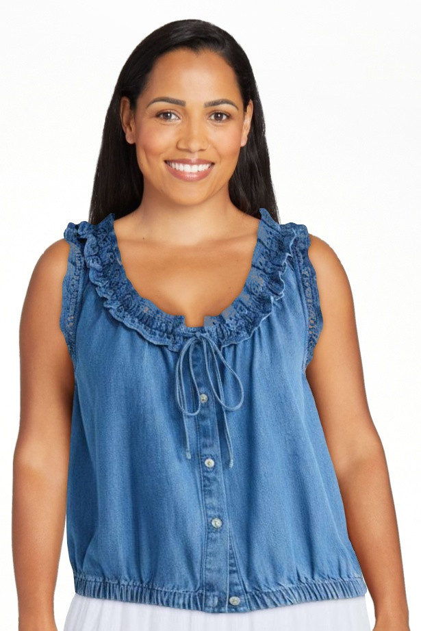 Free Assembly Eyelet Ruffle Sleeveless Chambray Top, Sizes XS-XL | Walmart (US)