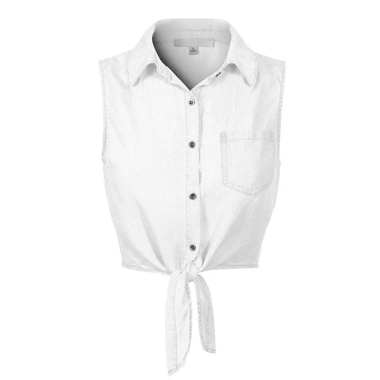 Made by Olivia Women's Sleeveless Button Down Tie Front Knot Chambray Shirts | Walmart (US)