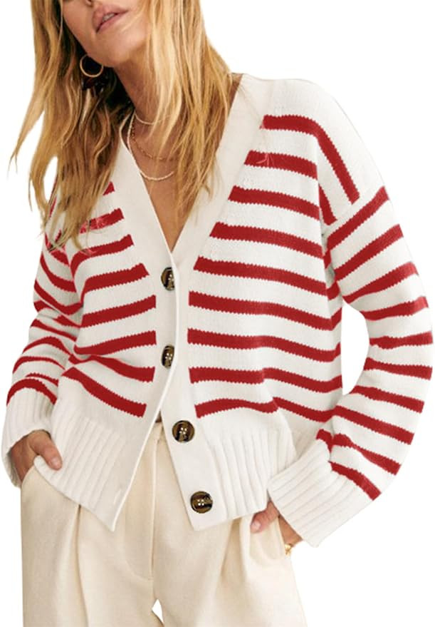 EVALESS Womens Striped Cardigan Sweaters Long Sleeve V Neck Lightweight Open Front Button Down Kn... | Amazon (US)