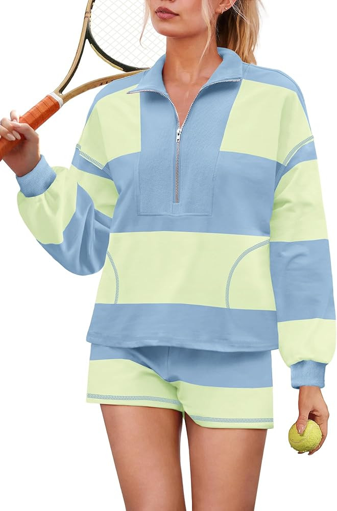 Yanekop Womens Striped Sweatsuits 2 Piece Set Oversized Two Piece Tracksuit Matching Sweat Sets F... | Amazon (US)