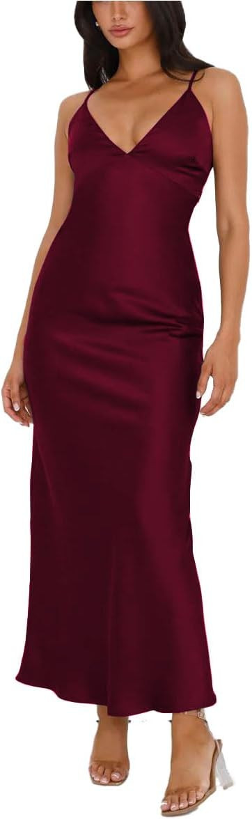 Summer Satin Spaghetti Strap V Neck Backless Midi Dresses for Women Wedding Guest Elegant Tie Back Cocktail Dress | Amazon (US)