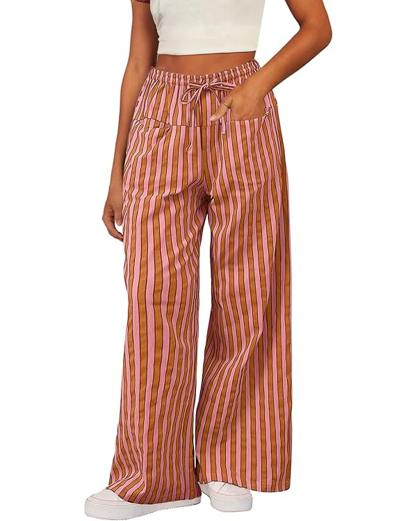 Acelitt Women Casual Drawstring Elastic Waist Loose Wide Leg Striped Pants with Pockets, S-XXL | Amazon (US)