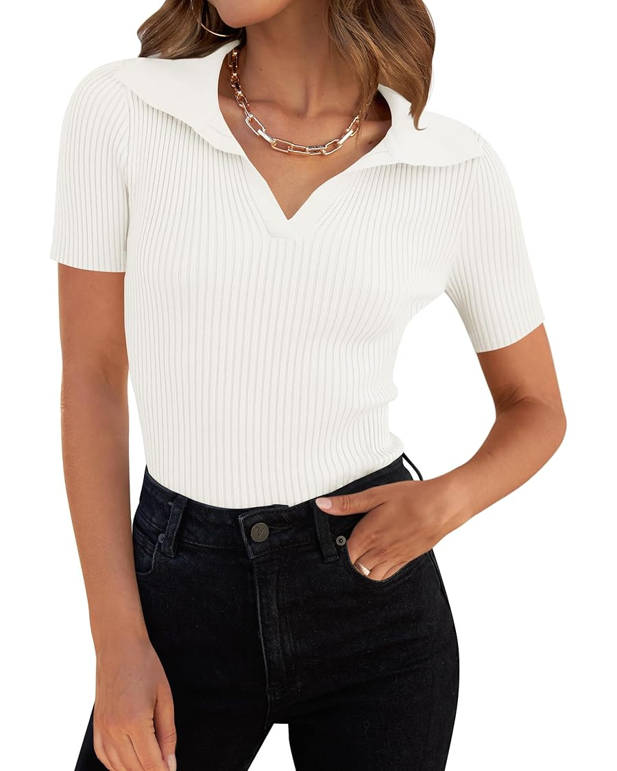 ZESICA Women's Short Sleeve V Neck T Shirts 2025 Summer Ribbed Knit Slim Fitted Basic Solid Color... | Amazon (US)