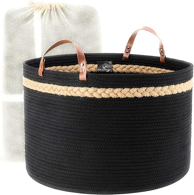 Eco Storage Solutions Black Basket, Rope Basket, BoHo Basket, Blanket Basket Living Room, Woven B... | Amazon (US)