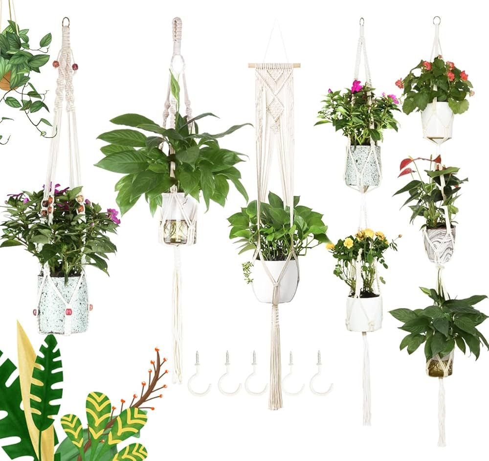 JES&MEDIS 5-Pack Macrame Plant Hangers with 5 Hooks, Different Tiers, Handmade Cotton Rope Hangin... | Amazon (US)