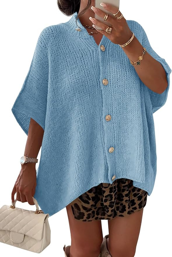 Saodimallsu Womens Oversized Cardigan Sweaters Short Sleeve Button Down Casual Lightweight Loose ... | Amazon (US)