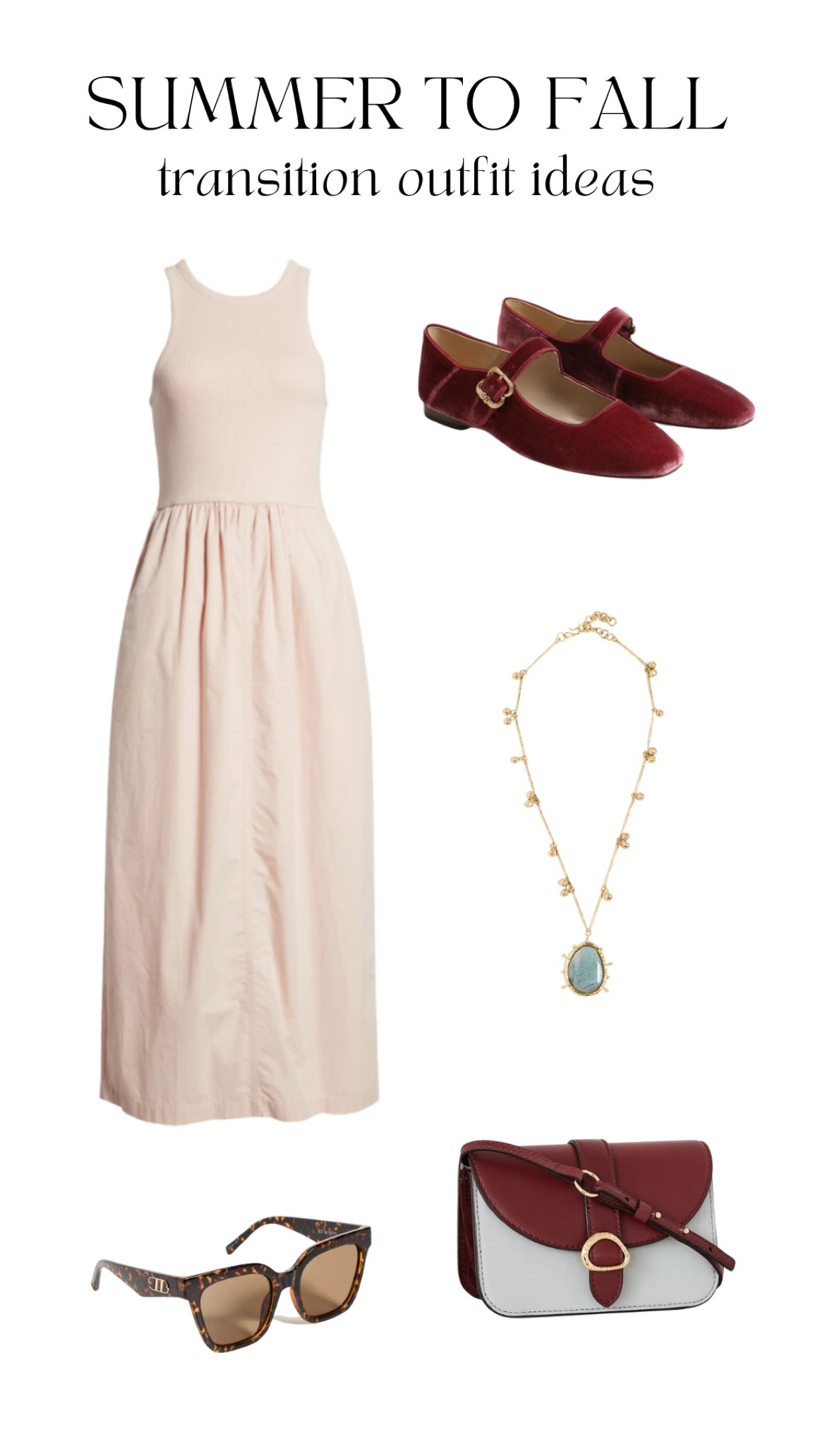 5 Summer to Fall Transition Styles
Sleeveless midi dress, Le Spec tortoise shell sunglasses, red velvet mary jane ballet flats, stone necklace, Ulla Johnson Esme Small crossbody 

#LTKSeasonal