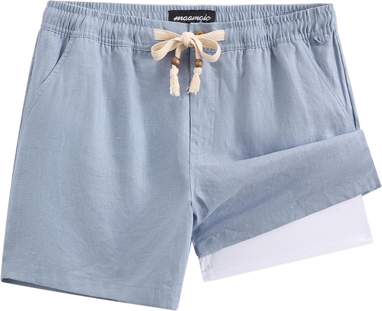 maamgic Mens Casual Linen Shorts 5/7 Inch Elastic Waist Drawstring Summer 2 in 1 Beach Short with... | Amazon (US)