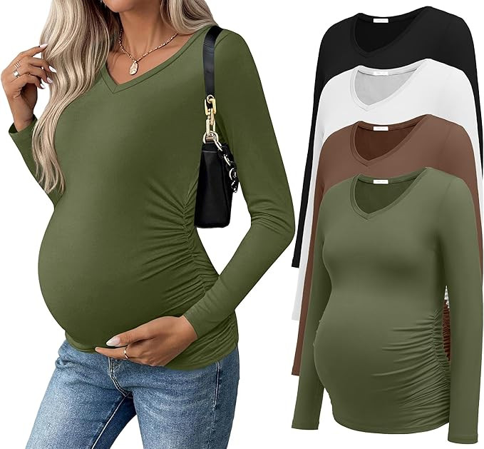 Ekouaer Womens Maternity Shirts Long Sleeve 4 Pack V Neck Side Ruched Pregnancy Tops Blouse Casua... | Amazon (US)