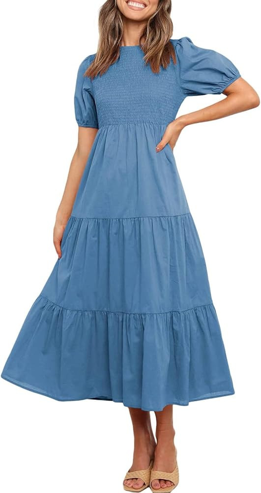 Womens Babydoll Dress Short Sleeve Crewneck Tiered Maxi Dres Smocked Bodice Solid Empire Waist A-... | Amazon (US)