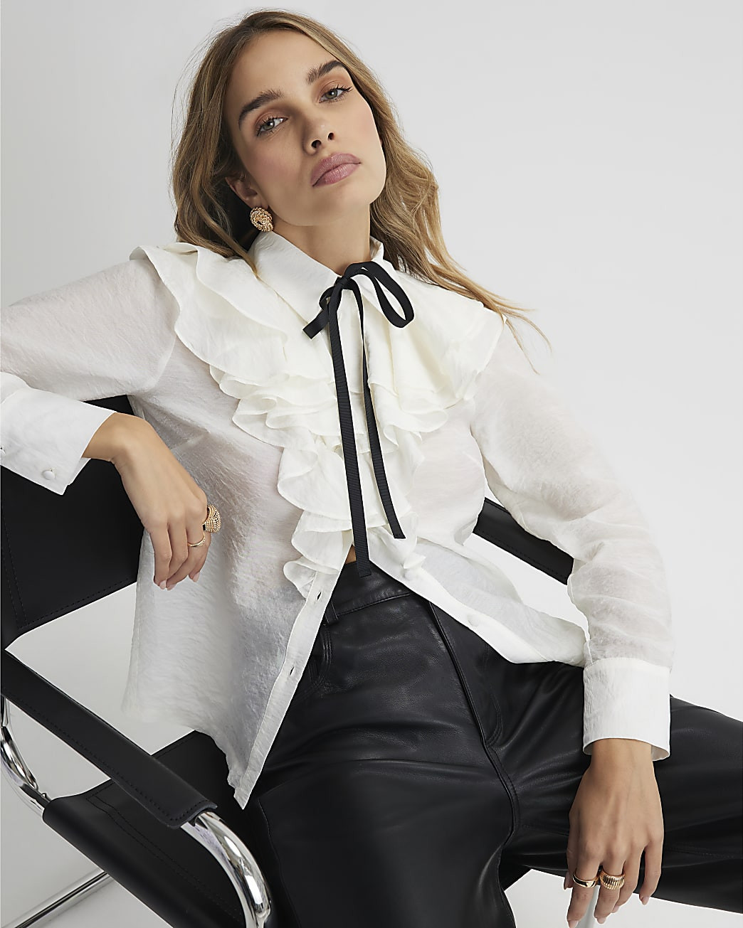 White Ruffle Tie Neck Blouse | River Island UK & IE