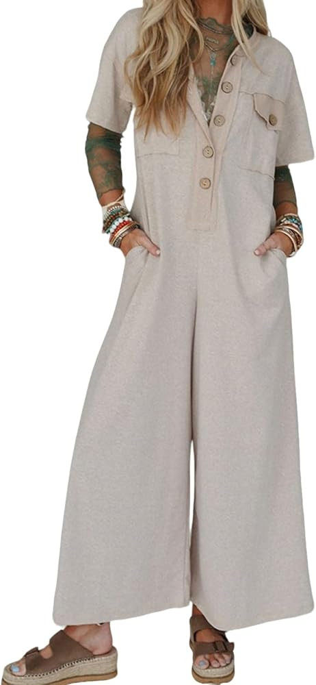 loveimgs Women Casual Jumpers Wide Leg Button Down Summer Jumpsuits Short Sleeves Round Neck Patc... | Amazon (US)