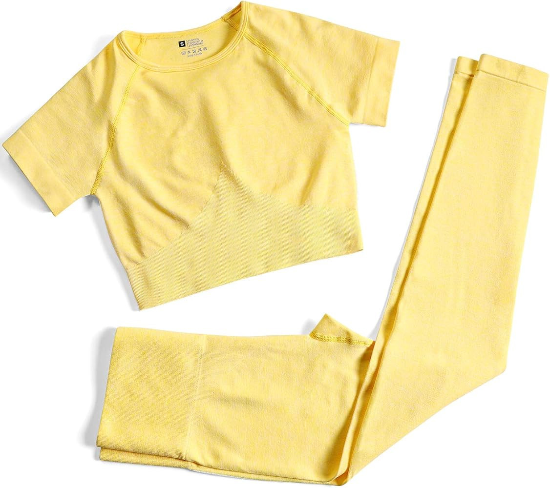 Women’s Two Piece Outfits Yoga Pants Set Seamless High Waist Leggings and Quick-Dry Yoga Crop Tops A | Amazon (US)