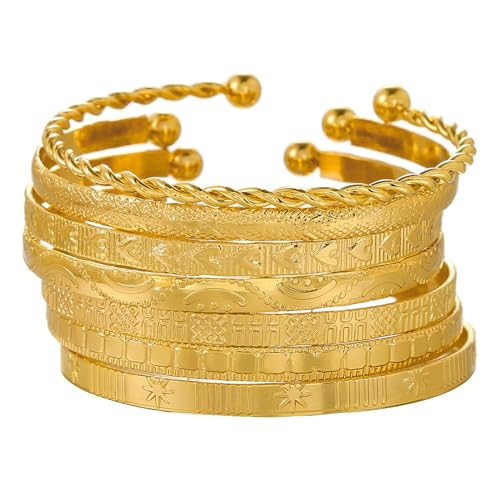 FUNOJOY Gold Bangle Bracelets Set for Women, Multi Layer Stackable Cuff Bracelets, Boho Open Adjustable Bangle Jewelry Gift for Her (Gold-4) | Amazon (US)