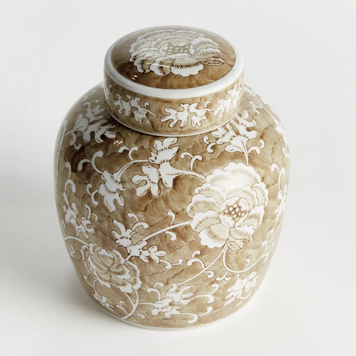 Champagne Chine Ceramic Taupe and White Chinoiserie Lotus Lidded Jar | Wayfair North America