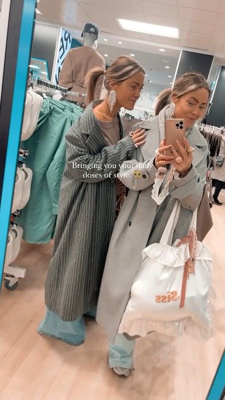 STYLE 14 // Bringing you your daily doses of style. 👯‍♀️ #LTKGift #grwu #grwm #getready #longcoats #wideleg
.
our new coat crushes. We love the long oversized wool kinda coat style. The pinstripe and also the grey one with the fun deats are magic🎀🎀!! 
.
Phone necklaces & pillow bag @prettypiecesbysiss 
.
Workwear, capsule wardrobe, streetwear 

#LTKGiftGuide #LTKworkwear #LTKVideo
